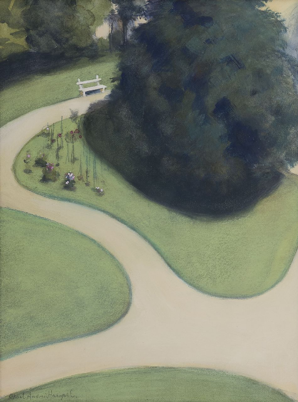 Hampel C.  | Charlotte Hampel, Het witte bankje, krijt en gouache op papier 44,3 x 32,7 cm, gesigneerd linksonder en te dateren na 1897