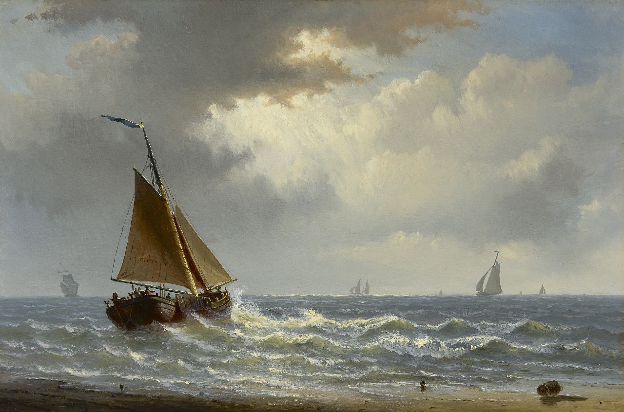 Gruijter jr. W.  | Willem Gruijter jr., Hollandse zeilschepen voor de kust, olieverf op paneel 23,0 x 35,1 cm, gesigneerd linksonder met initialen en verso met lakzegel