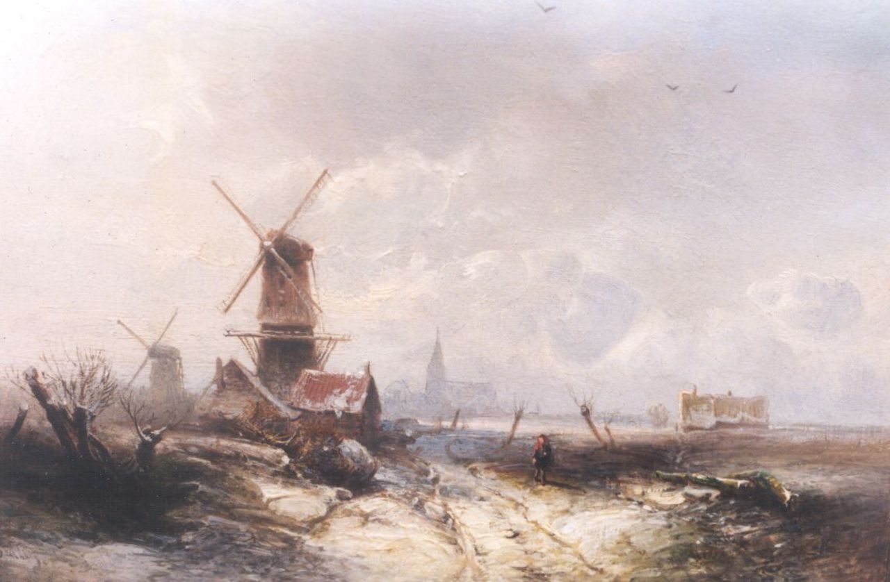 Kluyver P.L.F.  | 'Pieter' Lodewijk Francisco Kluyver, Winterlandschap met molen, olieverf op paneel 19,5 x 27,3 cm, gesigneerd linksonder