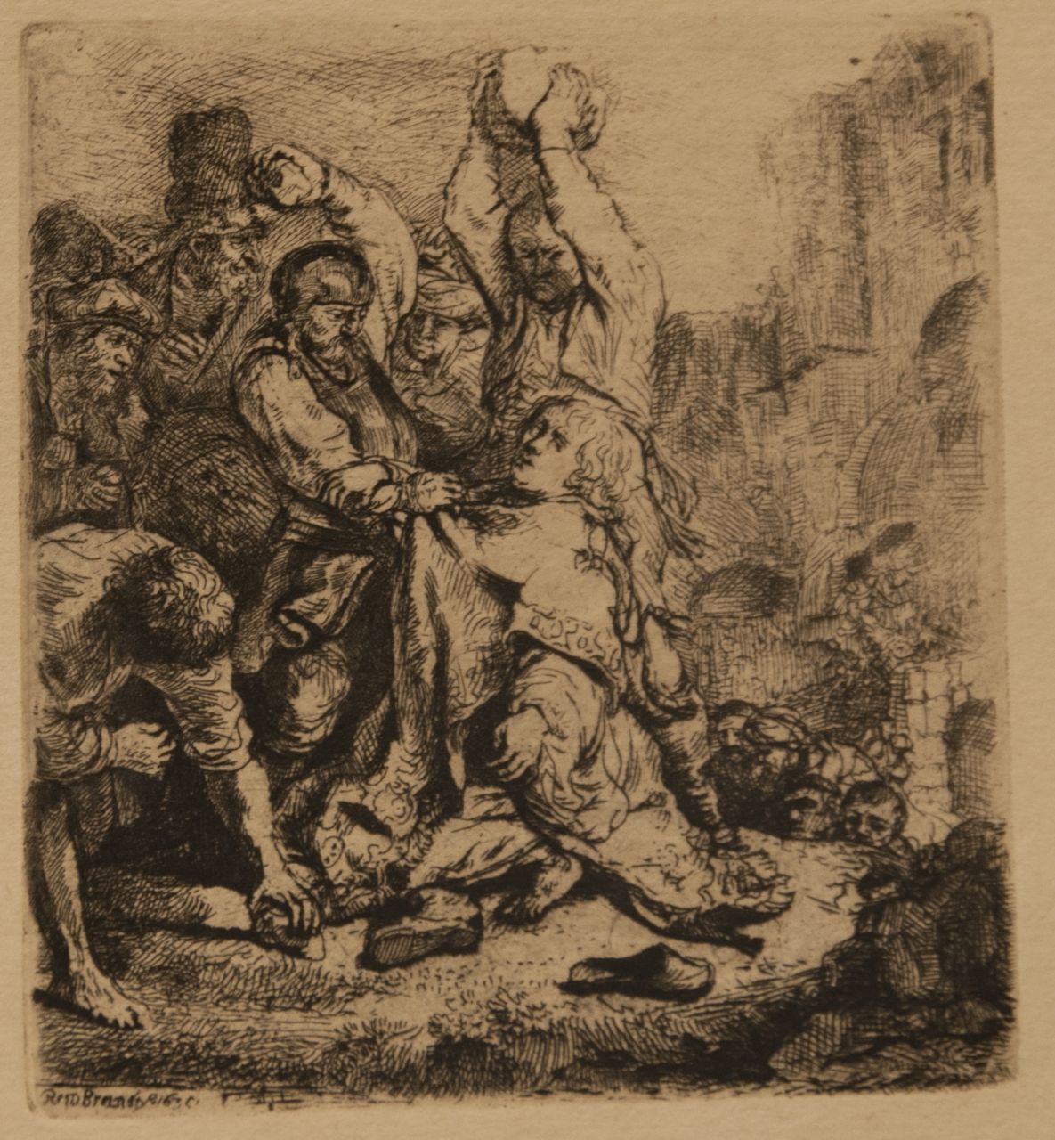 Rembrandt (Rembrandt Harmensz. van Rijn)   | Rembrandt (Rembrandt Harmensz. van Rijn), Steniging van de heilige Stefanus, ets op papier 9,5 x 8,5 cm, gesigneerd linksonder in de plaat en gedateerd 1635 in de plaat