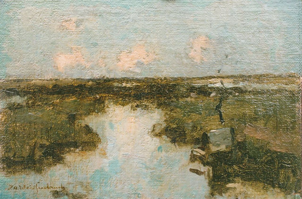 Weissenbruch H.J.  | Hendrik Johannes 'J.H.' Weissenbruch, Polderlandschap, olieverf op doek op paneel 13,1 x 19,3 cm, gesigneerd linksonder