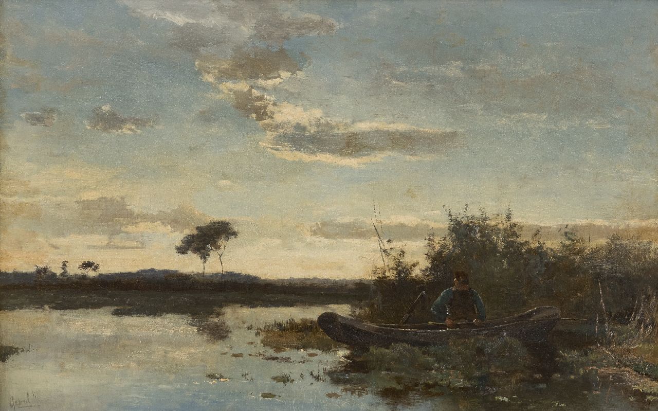 Gabriel P.J.C.  | Paul Joseph Constantin 'Constan(t)' Gabriel, Hengelaar in een roeiboot bij zonsondergang, olieverf op doek 29,4 x 45,9 cm, gesigneerd linksonder