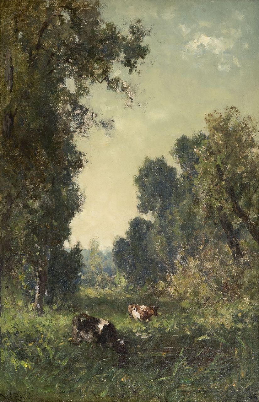 Roelofs W.  | Willem Roelofs, Landschap met drinkende koeien, Lanaije, olieverf op doek 43,7 x 28,5 cm, gesigneerd linksonder en te dateren ca. 1884