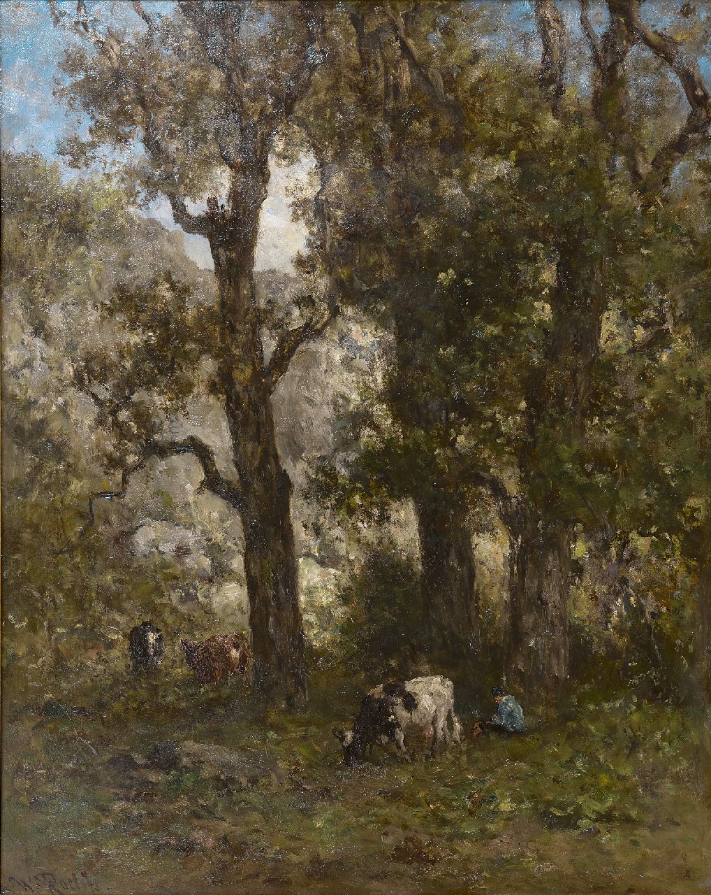 Roelofs W.  | Willem Roelofs, Herder met koeien in het bos, olieverf op paneel 56,1 x 45,8 cm, gesigneerd linksonder