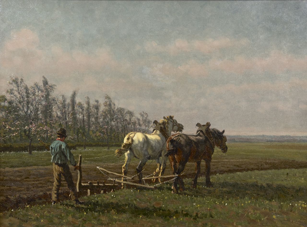 Schermer C.A.J.  | Cornelis Albertus Johannes Schermer, Paarden voor de ploeg, olieverf op doek 51,4 x 70,5 cm, gesigneerd linksonder