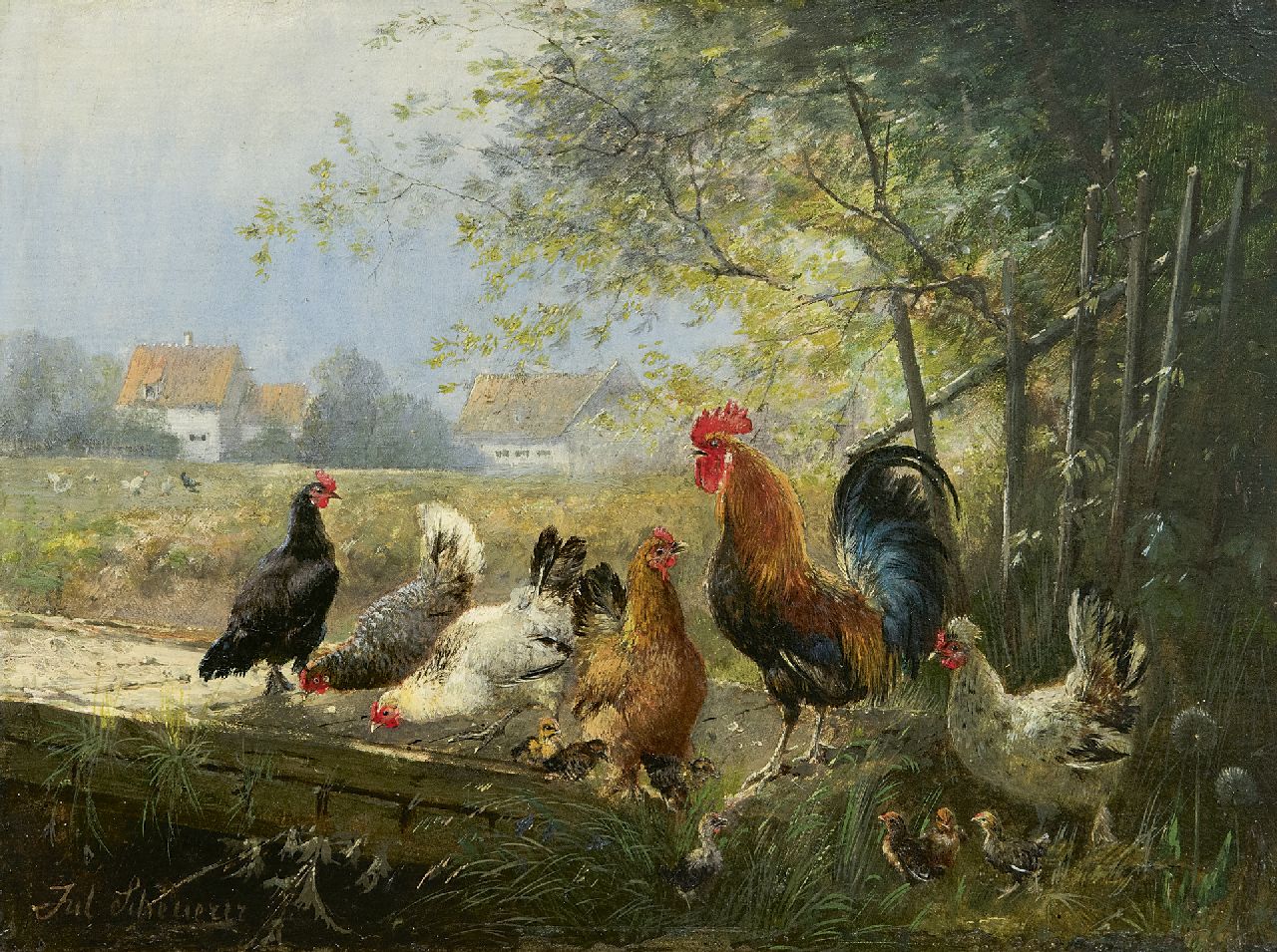Scheuerer J.  | Julius Scheuerer, Haan met zijn kippen, olieverf op paneel 18,7 x 24,4 cm, gesigneerd linksonder