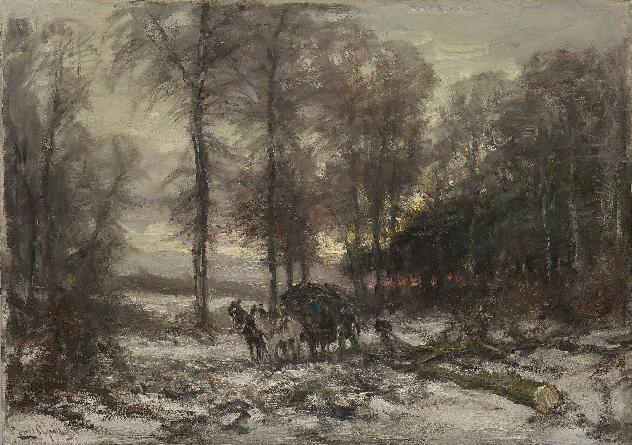 Apol L.F.H.  | Lodewijk Franciscus Hendrik 'Louis' Apol, Kar met paarden op besneeuwd bospad, olieverf op doek 50,3 x 70,4 cm, gesigneerd linksonder