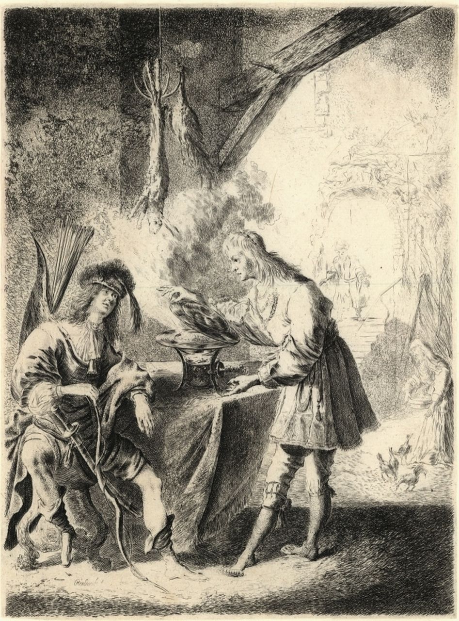 Peeter Rodermont | Esau verkoopt Jakob zijn eerstgeboorterecht, ets, 28,0 x 20,7 cm