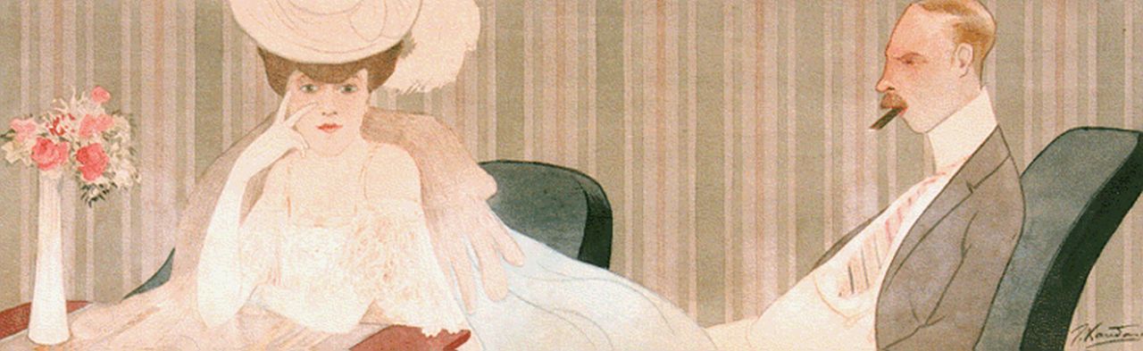 Xaudaro J.  | Joaquin Xaudaro, Modieuze vrouw met haar echtgenoot, aquarel op papier 20,7 x 64,7 cm, gesigneerd rechtsonder