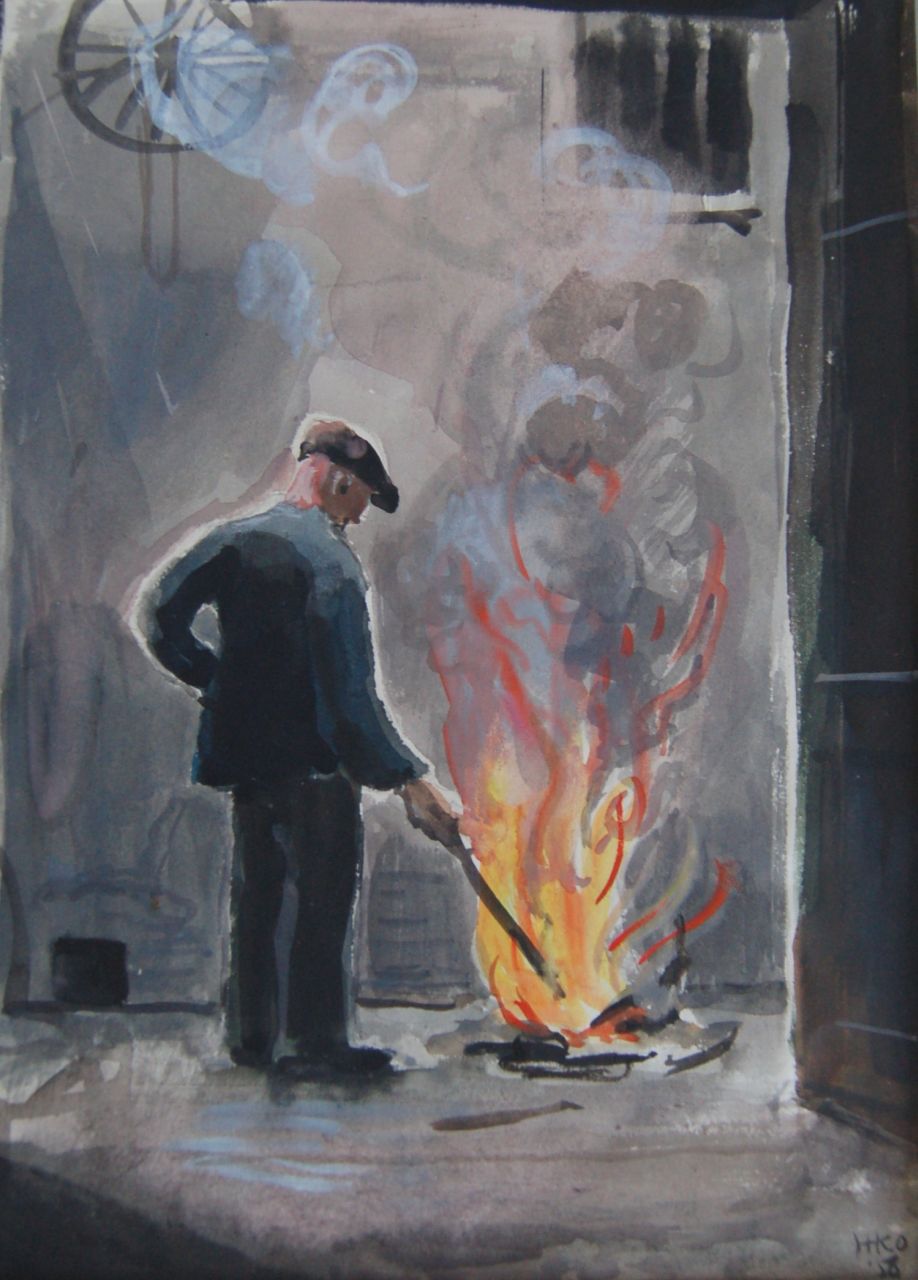 Kamerlingh Onnes H.H.  | 'Harm' Henrick Kamerlingh Onnes, Werkman bij een vuur, aquarel op papier 28,0 x 19,0 cm, gesigneerd rechtsonder met monogram en gedateerd '58