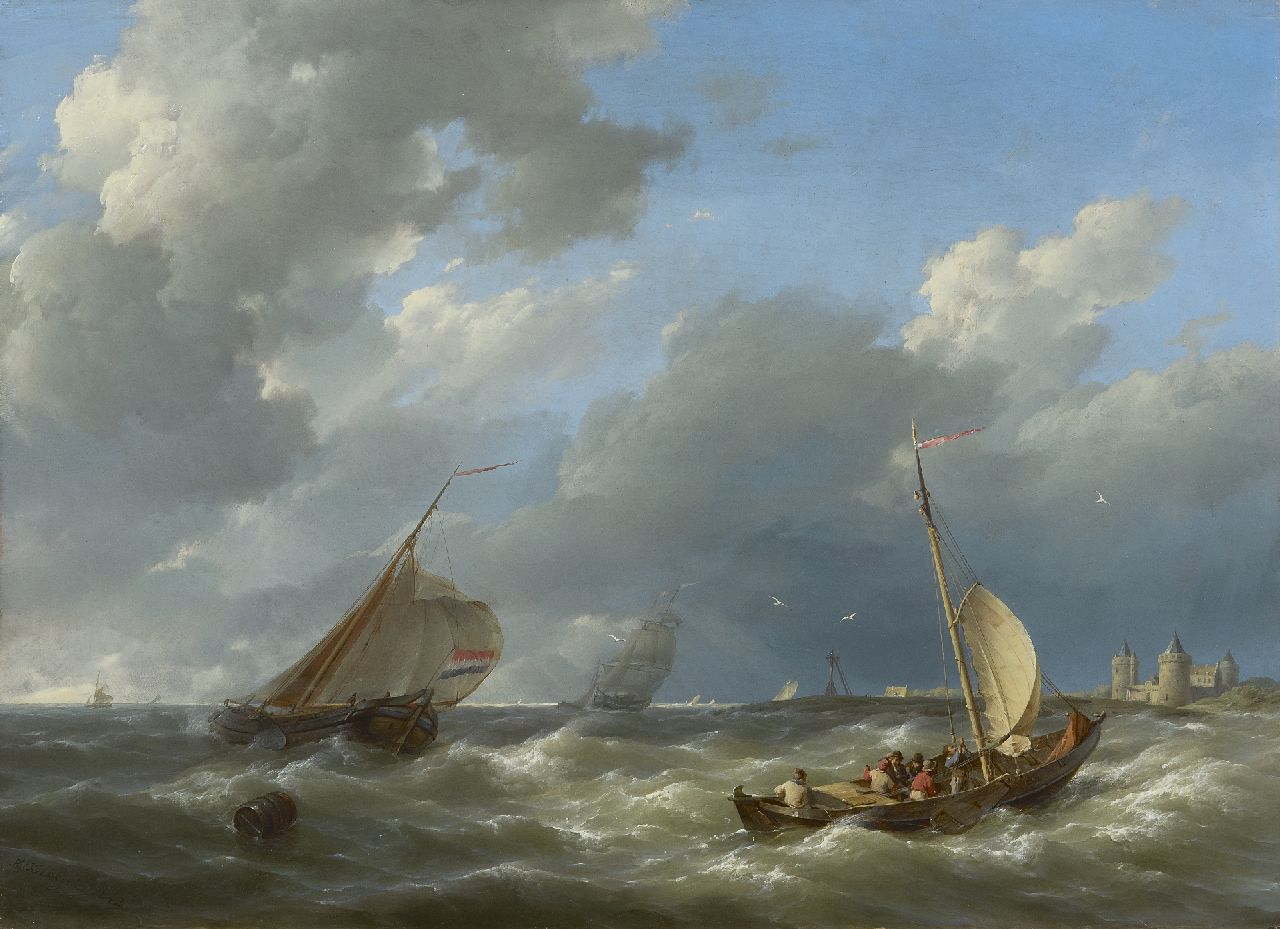 Koekkoek H.  | Hermanus Koekkoek, Zeilschepen op een woelige zee bij het Muiderslot, olieverf op paneel 29,5 x 40,7 cm, gesigneerd linksonder en gedateerd 1842