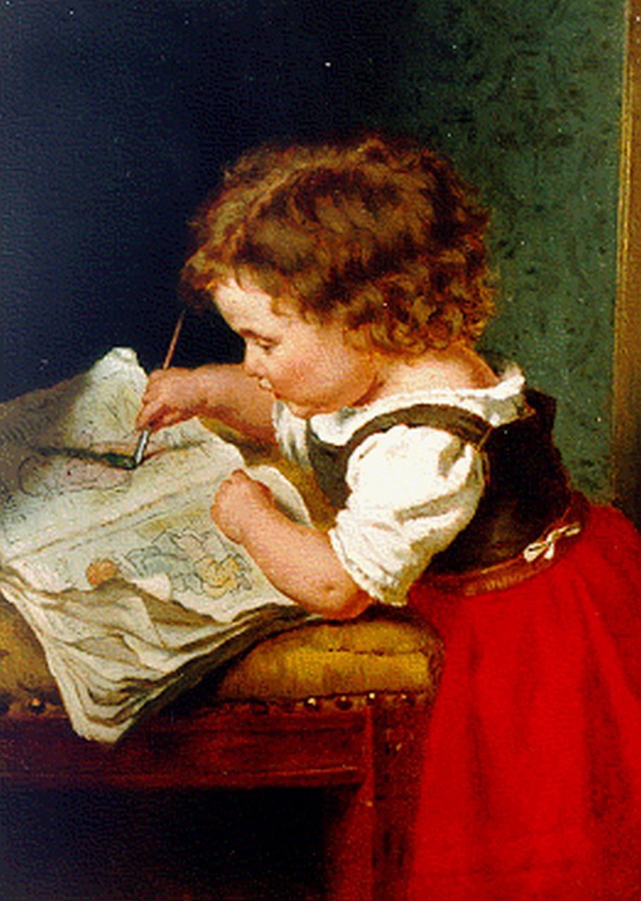 Bregenzer G.  | Gustave Bregenzer, Meisje met kleurboek, olieverf op paneel 21,0 x 15,8 cm, gesigneerd linksonder
