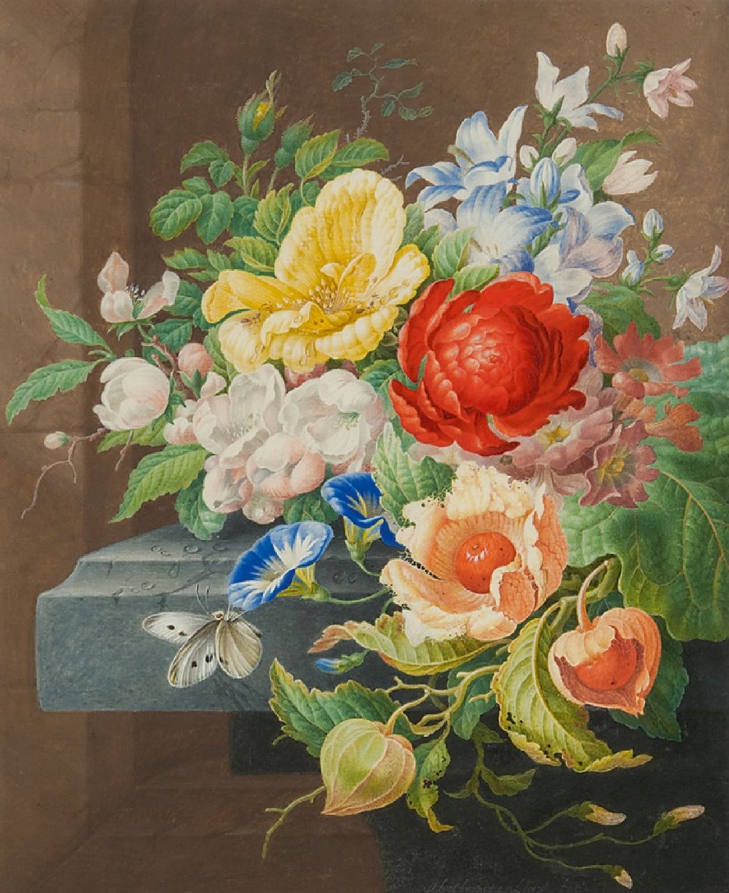 Herman Henstenburgh | Stilleven met bloemen en vlinder, aquarel op papier, 31,0 x 25,5 cm, gesigneerd m.o. en te dateren ca. 1700