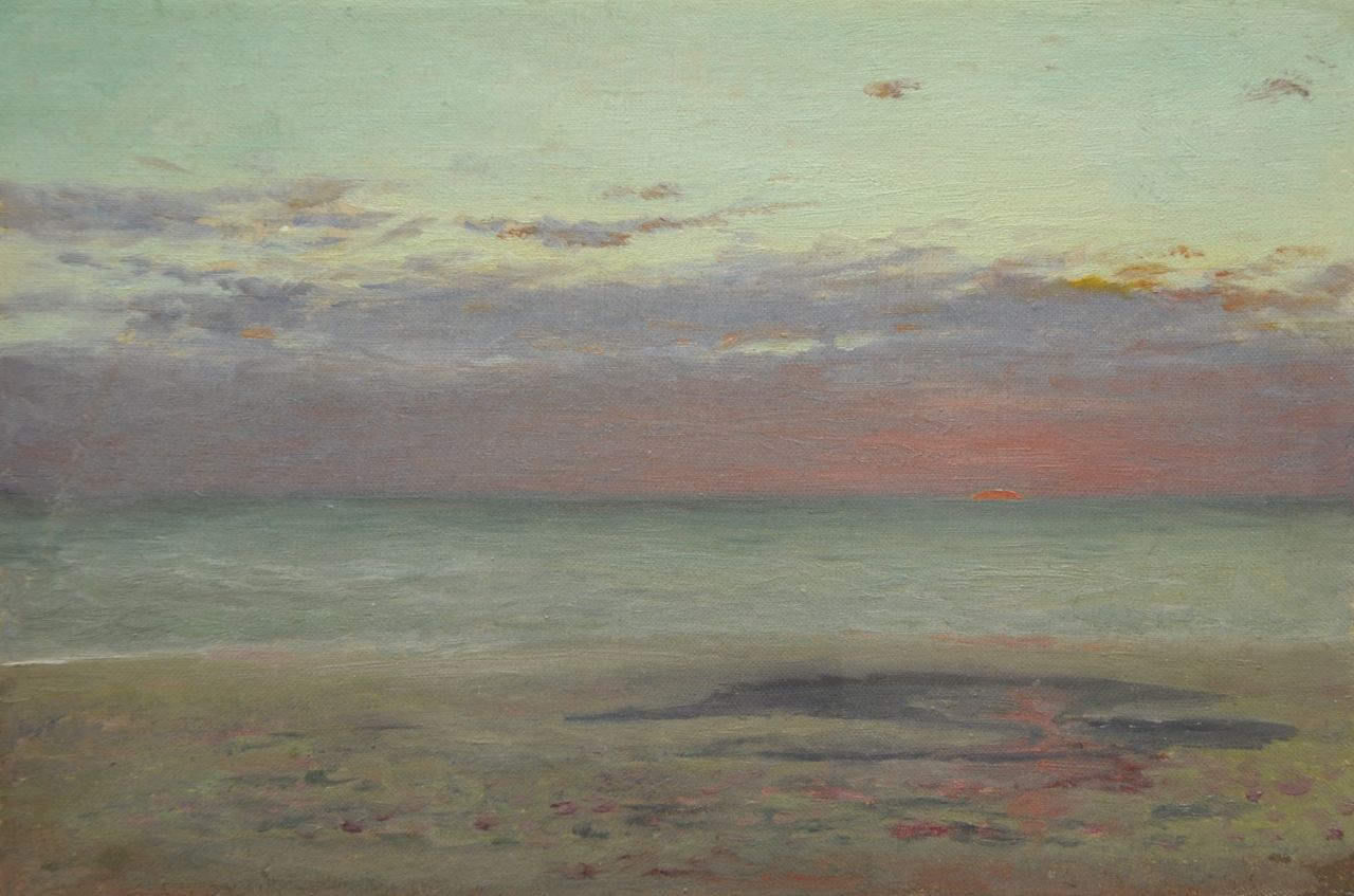 Mesdag H.W.  | Hendrik Willem Mesdag, Zonsondergang boven zee, waarschijnlijk Norderny, Duitsland, olieverf op doek op paneel 19,0 x 28,5 cm