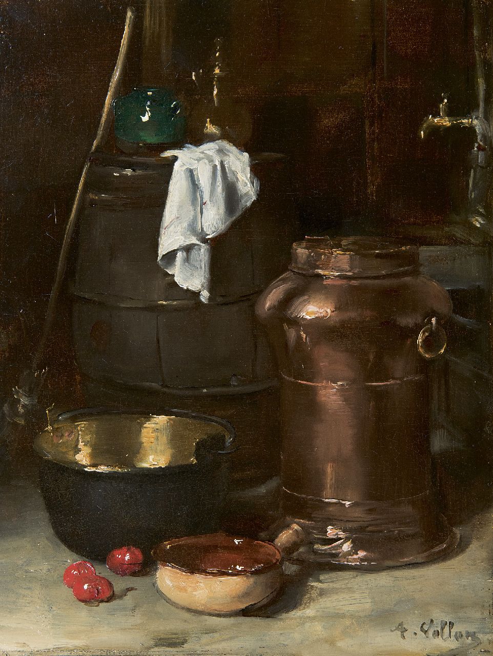 Vollon A.  | Antoine Vollon | Schilderijen te koop aangeboden | Stilleven met koperen vat en kookpot, olieverf op paneel 32,3 x 24,3 cm, gesigneerd rechtsonder