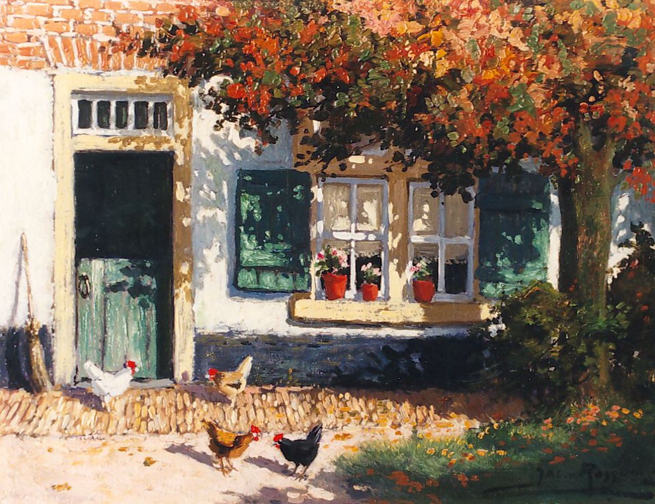 Rossum J.W. van | Jacobus Willem 'Jacob' van Rossum, Erf met kippen, olieverf op schilderskarton 19,0 x 24,0 cm, gesigneerd rechtsonder