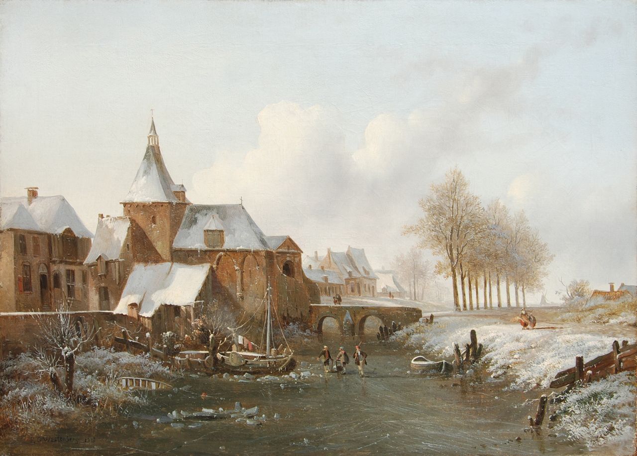 Westenberg G.P. | George Pieter Westenberg | Schilderijen te koop aangeboden | Landvolk op het ijs bij de Lekpoort te Culemborg, olieverf op doek 39,8 x 53,8 cm, gesigneerd linksonder en gedateerd 1818 Westenberg G.P. | George Pieter Westenberg | Schilderijen te koop aangeboden | Landvolk op het ijs bij de Lekpoort te Culemborg, olieverf op doek 39,8 x 53,8 cm, gesigneerd linksonder en gedateerd 1818