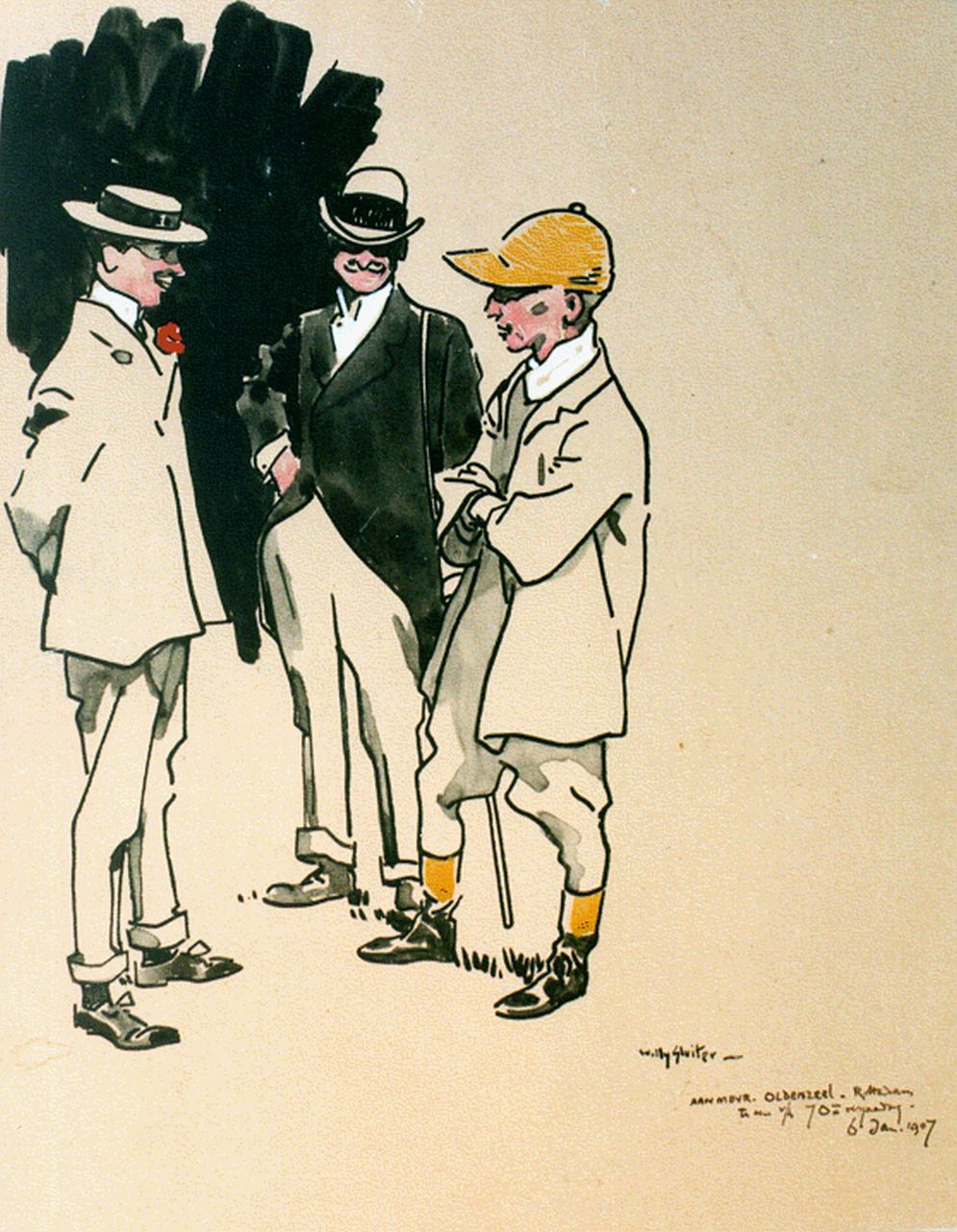 Sluiter J.W.  | Jan Willem 'Willy' Sluiter, In gesprek met de jockey, Oost-Indische inkt op papier 26,5 x 20,8 cm, gesigneerd rechtsonder en gedateerd 6 jan. 1907