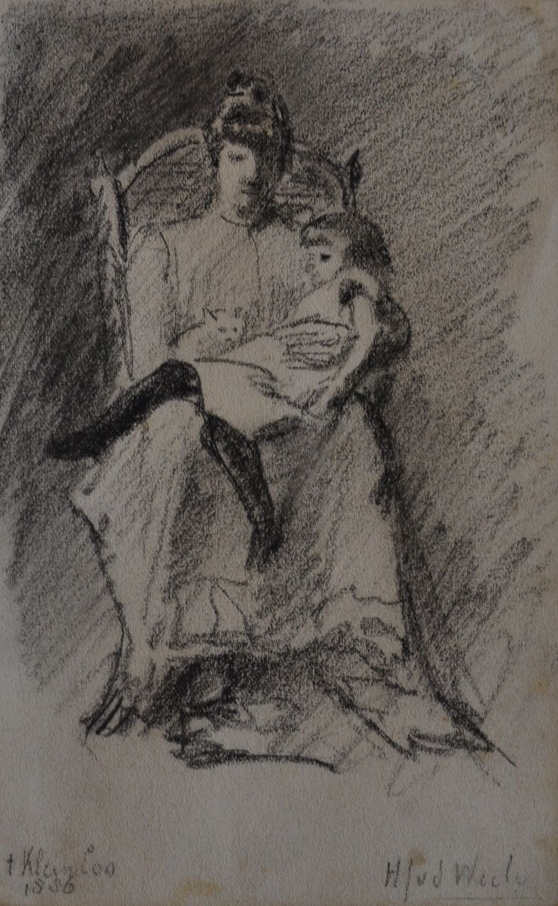 Herman van der Weele | Moeder poes en kind; portret van de echtgenote van de schilder en hun dochter, houtskool op papier, 17,4 x 10,9 cm, gesigneerd r.o. en gedateerd 1886