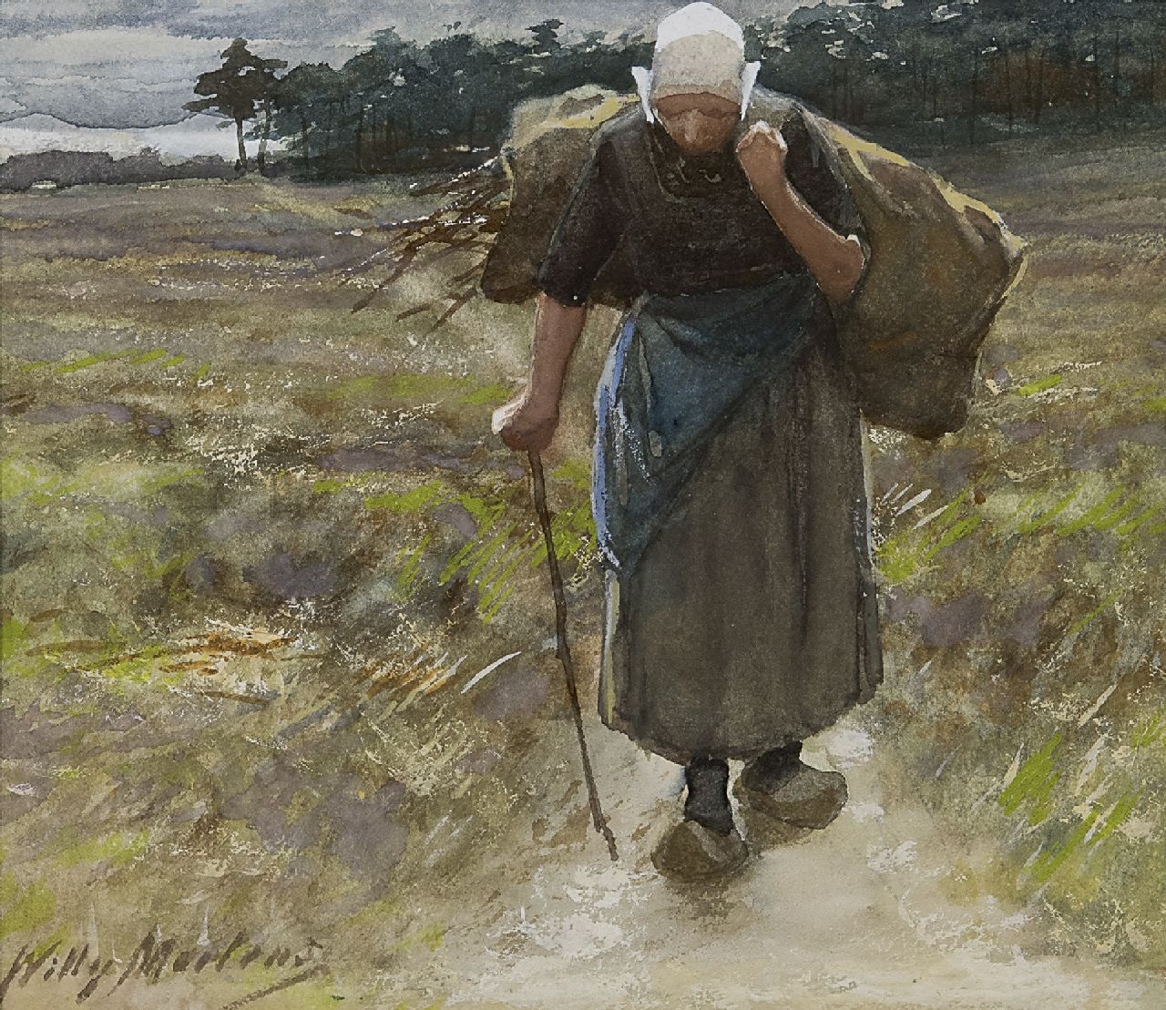 Martens W.  | Willem 'Willy' Martens, Houtsprokkelaarster, aquarel op papier 13,9 x 15,9 cm, gesigneerd linksonder