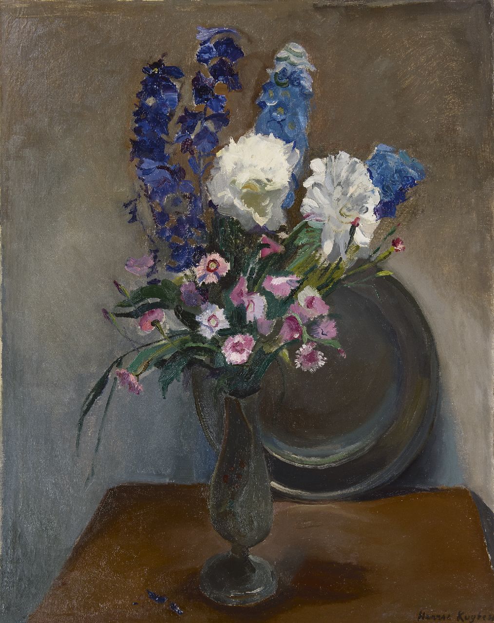 Kuijten H.J.  | Henricus Johannes 'Harrie' Kuijten | Schilderijen te koop aangeboden | Tinnen vaas met zomerbloemen, olieverf op doek 82,6 x 65,5 cm, gesigneerd rechtsonder