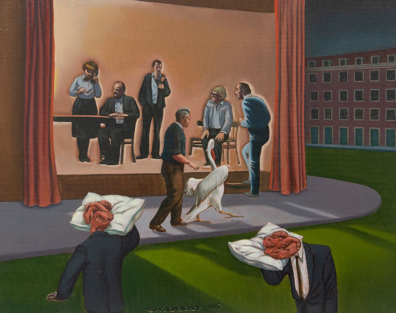 Geest C. van | Chris van Geest | Schilderijen te koop aangeboden | De surrealistische voorstelling, olieverf op doek 40,3 x 50,1 cm, gesigneerd middenonder en gedateerd 1987