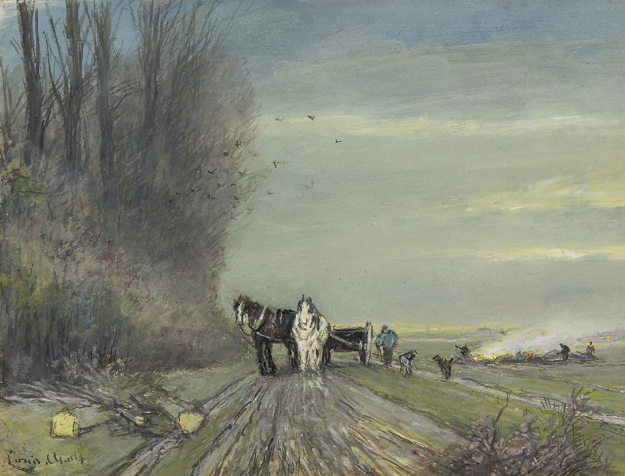 Apol L.F.H.  | Lodewijk Franciscus Hendrik 'Louis' Apol, Paardenkar op een landweg in de winter, gouache op papier 18,0 x 23,2 cm, gesigneerd linksonder
