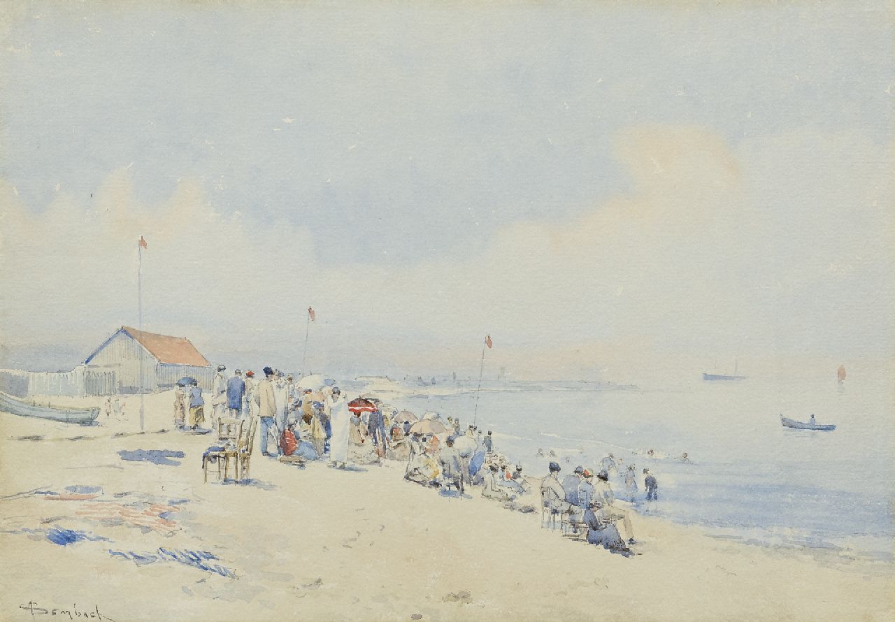 Sembach A.E.  | Auguste Ernest Sembach, Zondag op het strand aan de Belgische kust, aquarel op papier 27,6 x 39,1 cm, gesigneerd linksonder