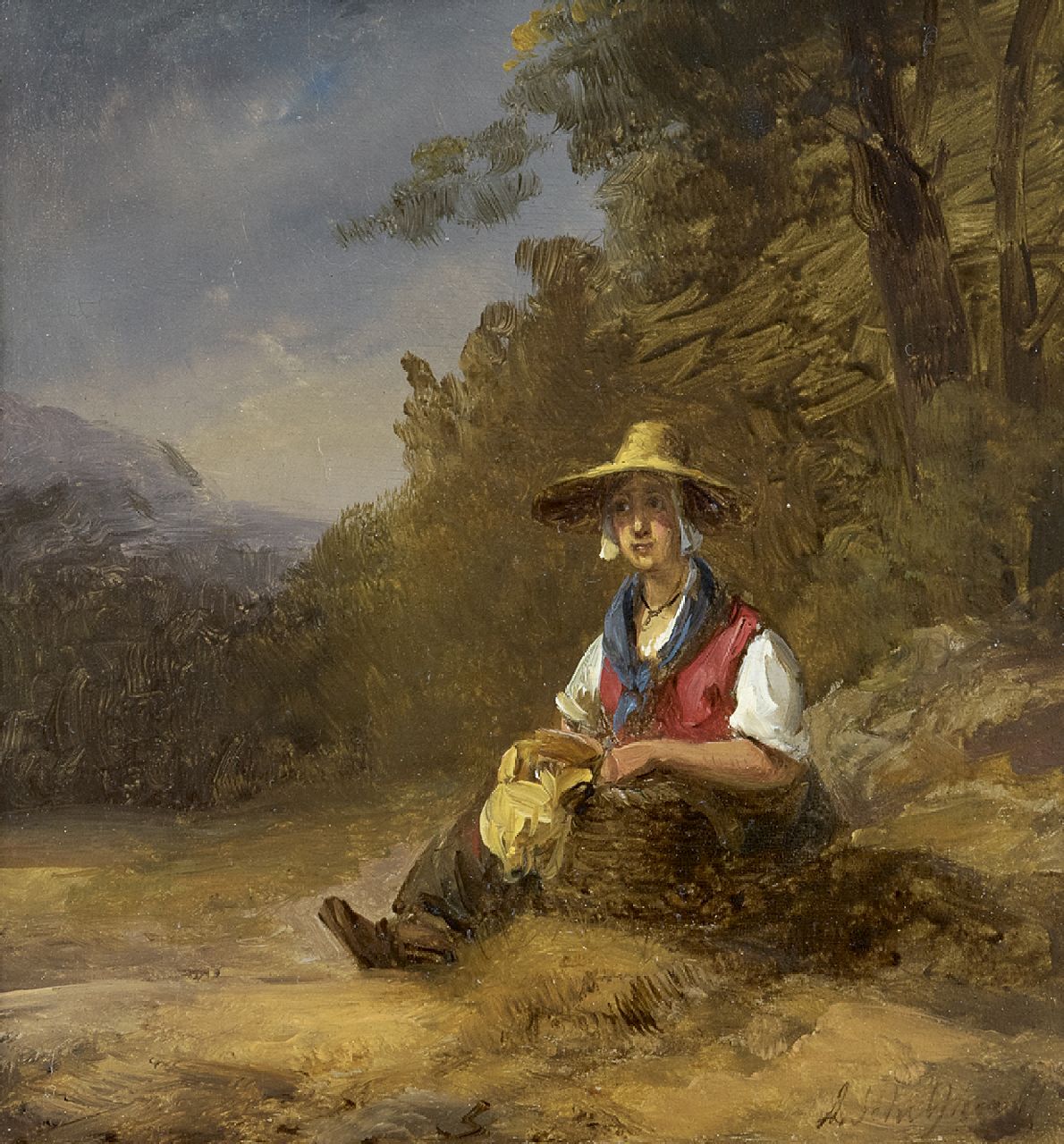 Schelfhout A.  | Andreas Schelfhout, Rustende boerenvrouw met tenen mand, olieverf op paneel 16,8 x 15,5 cm, gesigneerd rechtsonder