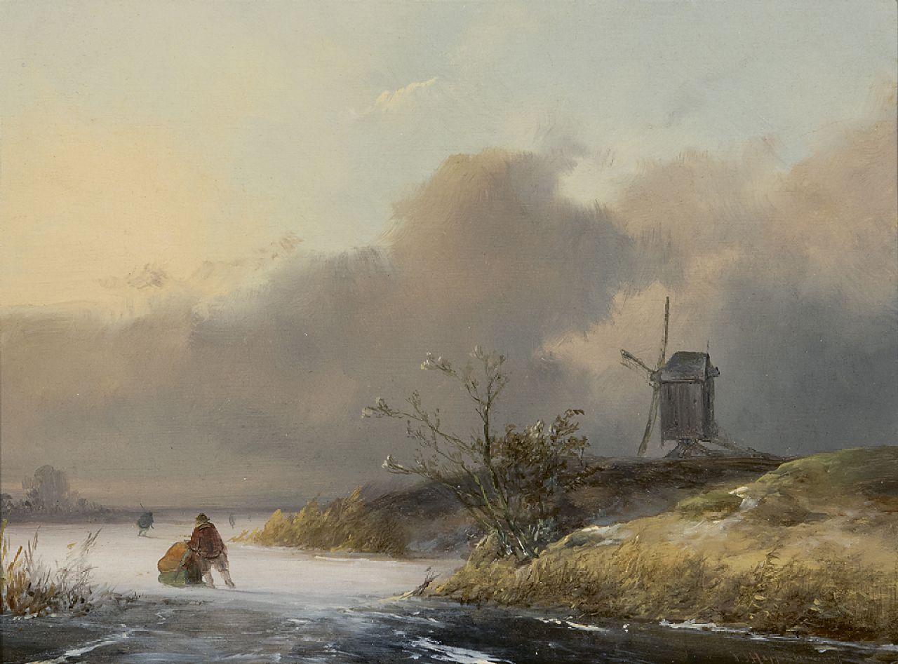 Hoppenbrouwers J.F. | Johannes Franciscus Hoppenbrouwers, Schaatsers op een winterse vaart, olieverf op paneel 18,9 x 24,9 cm, gesigneerd rechtsonder en gedateerd '49 Hoppenbrouwers J.F. | Johannes Franciscus Hoppenbrouwers, Schaatsers op een winterse vaart, olieverf op paneel 18,9 x 24,9 cm, gesigneerd rechtsonder en gedateerd '49