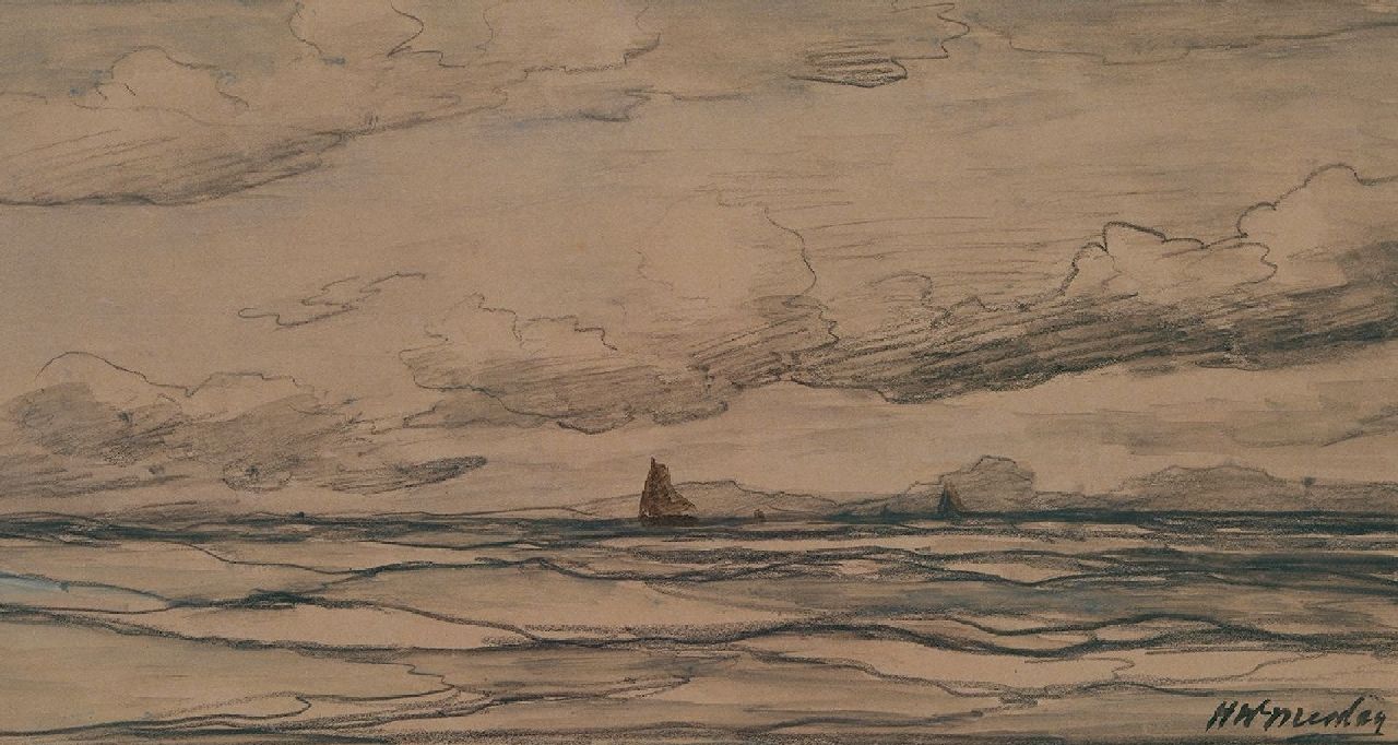 Mesdag H.W.  | Hendrik Willem Mesdag, Zee met bomschuiten in de verte, zwart krijt op papier 18,0 x 34,2 cm, gesigneerd rechtsonder