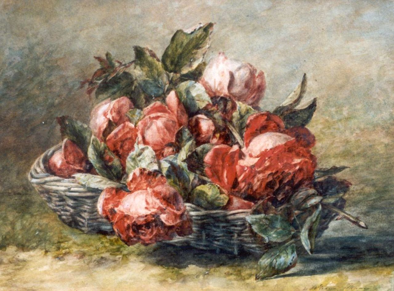 Haanen A.J.  | Adriana Johanna Haanen, Mandje met rode rozen, aquarel op papier 29,0 x 38,0 cm, gesigneerd rechtsonder en gedateerd 1893