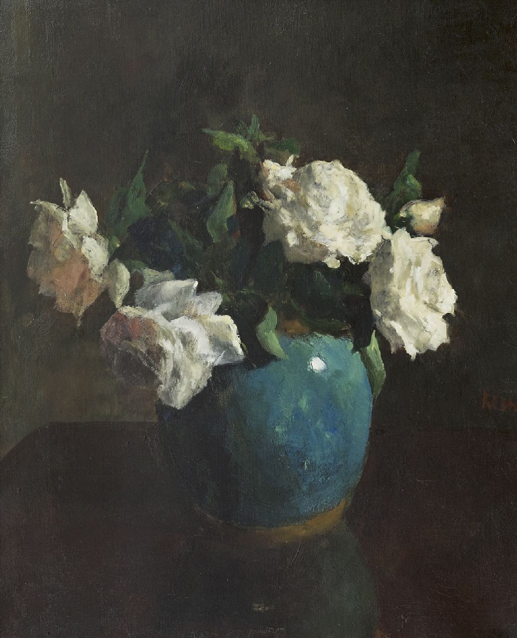 Kever J.S.H.  | Jacob Simon Hendrik 'Hein' Kever, Witte rozen in azuurblauwe vaas, olieverf op doek 53,5 x 43,7 cm, gesigneerd rechts van het midden
