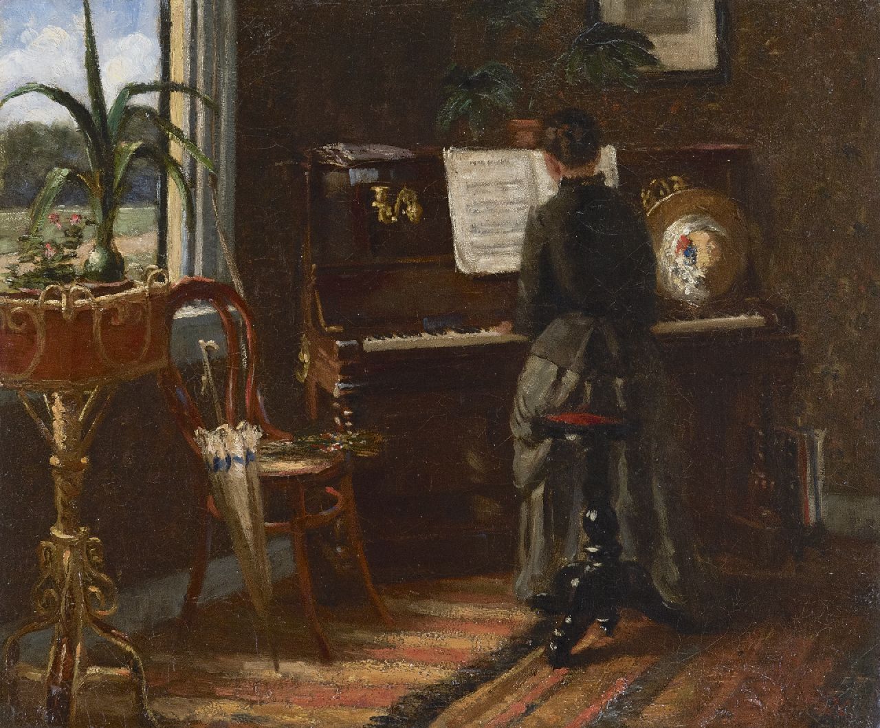 Geerlings J.H.  | Jacob Hendrik Geerlings, Aan de piano, olieverf op doek 37,6 x 45,3 cm, gesigneerd rechtsonder met initialen