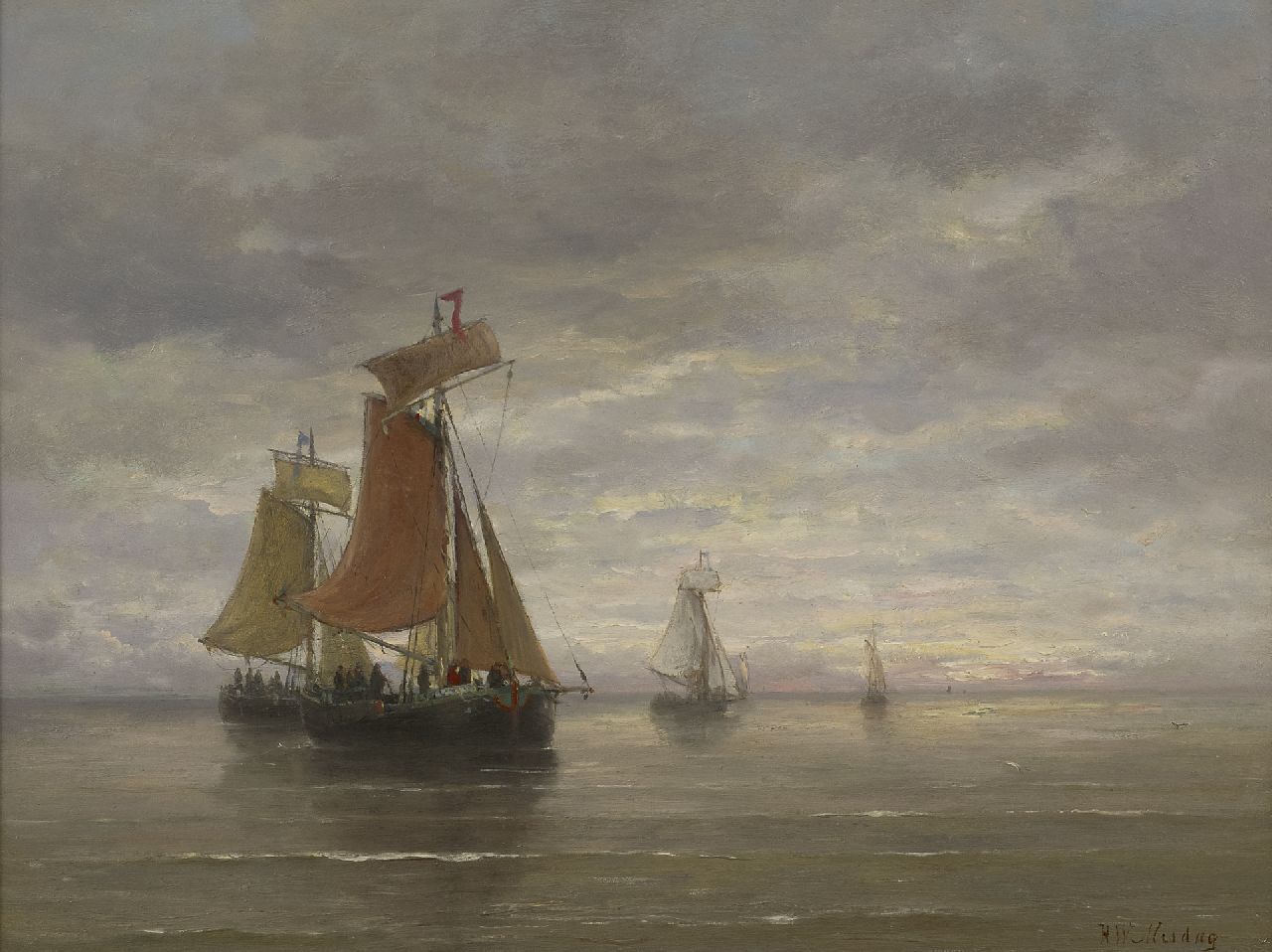 Mesdag H.W.  | Hendrik Willem Mesdag, Bomschuiten op kalme zee, olieverf op paneel 39,5 x 51,0 cm, gesigneerd rechtsonder
