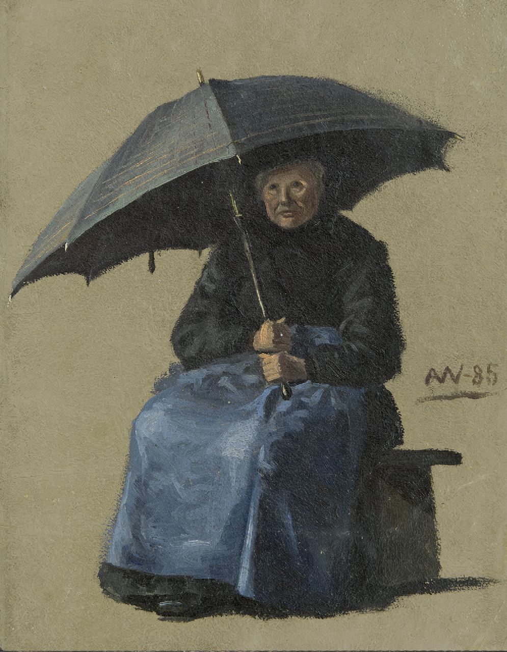 Anna Wengberg | Een vrouw zittend onder een paraplu, olieverf op papier op board, 33,5 x 26,0 cm, gesigneerd r.m. met monogram en gedateerd '85