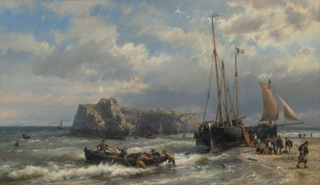 Koekkoek H.  | Hermanus Koekkoek | Schilderijen te koop aangeboden | Schepen en vissers aan de Franse kust, olieverf op doek 45,1 x 76,7 cm, gesigneerd rechtsonder
