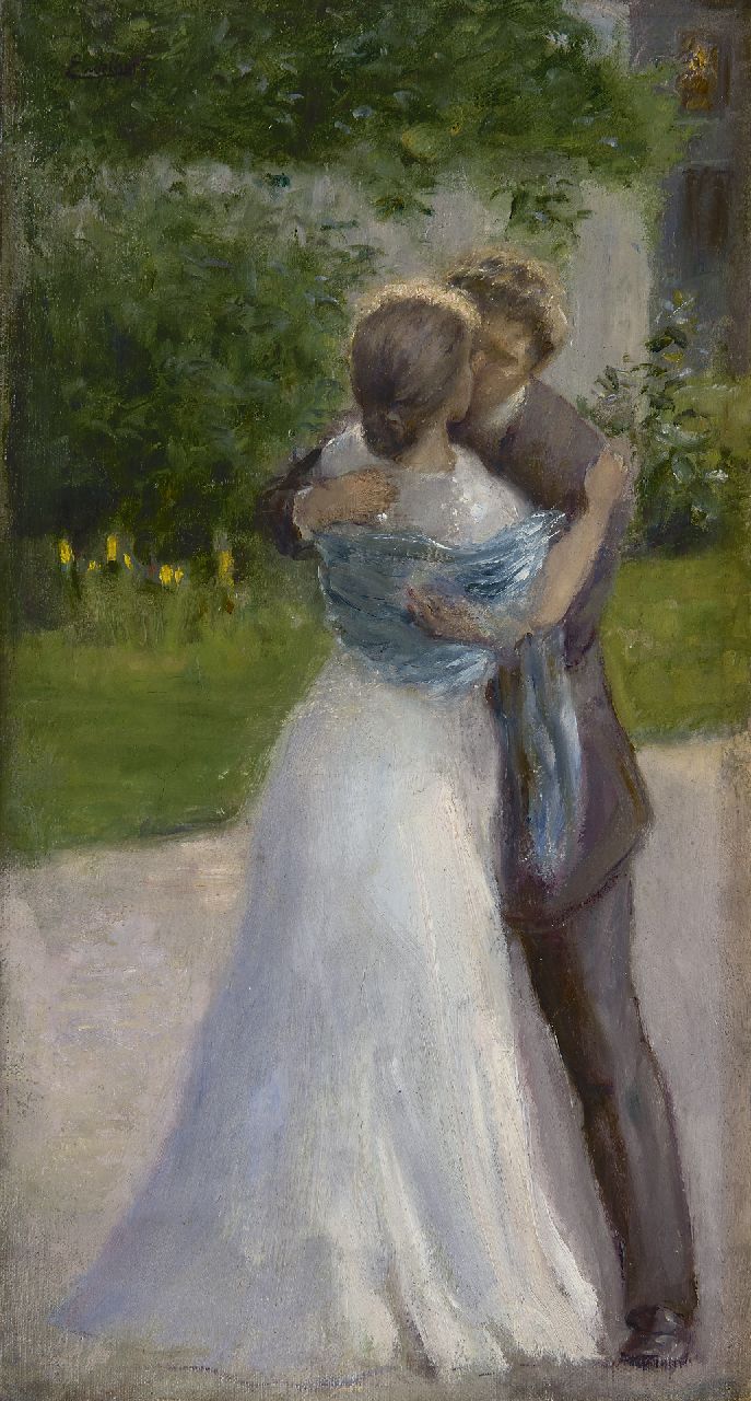 Engelhart J.A.  | 'Josef' Anton Engelhart | Schilderijen te koop aangeboden | Kussend bruidspaar, olieverf op doek op paneel 36,3 x 20,0 cm, gesigneerd linksboven