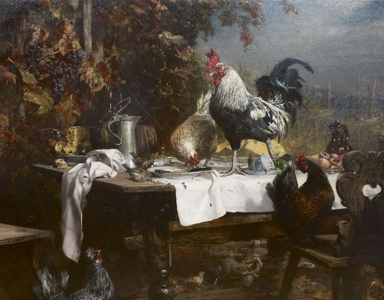 Meyerheim P.F.  | Paul Friedrich Meyerheim, De resten van de maaltijd, olieverf op doek 138,7 x 176,3 cm, gesigneerd linksonder en gedateerd 1879