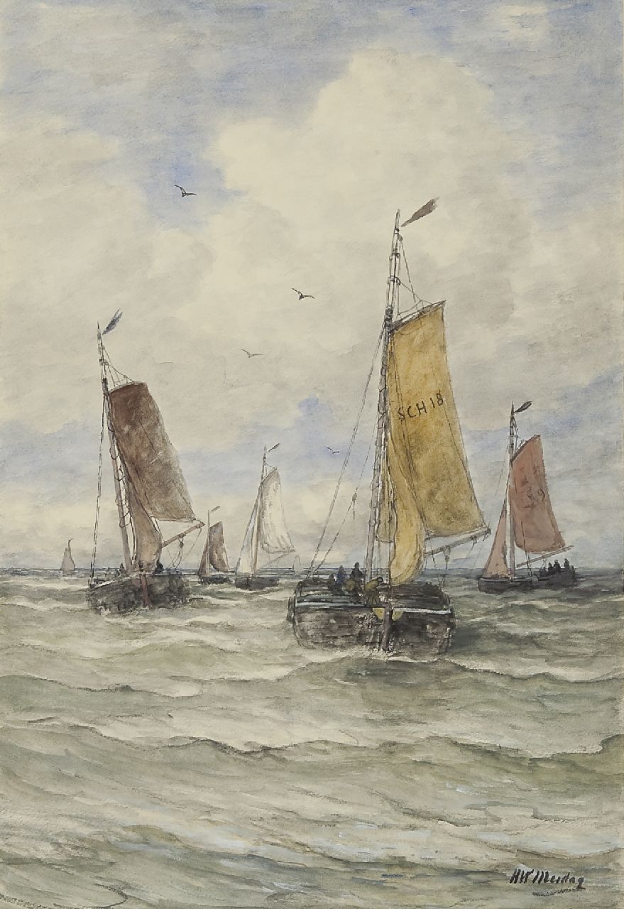 Mesdag H.W.  | Hendrik Willem Mesdag, Het uitvaren van de vissersvloot, Scheveningen   >> frank, aquarel op papier 76,6 x 52,2 cm, gesigneerd rechtsonder