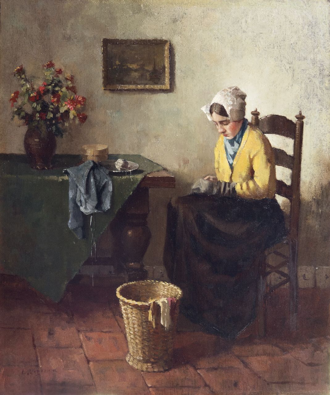 Ligtelijn E.J.  | Evert Jan Ligtelijn, Rustig naaiuurtje, olieverf op paneel 35,0 x 29,3 cm, gesigneerd linksonder