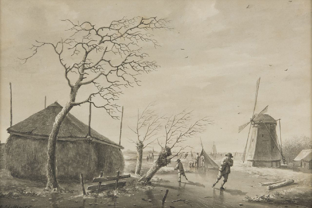 Schelfhout A.  | Andreas Schelfhout, Schaatspret op een boerenvaart, pen, penseel en inkt op papier 26,1 x 38,0 cm, gesigneerd linksonder en te dateren ca. 1805-1810