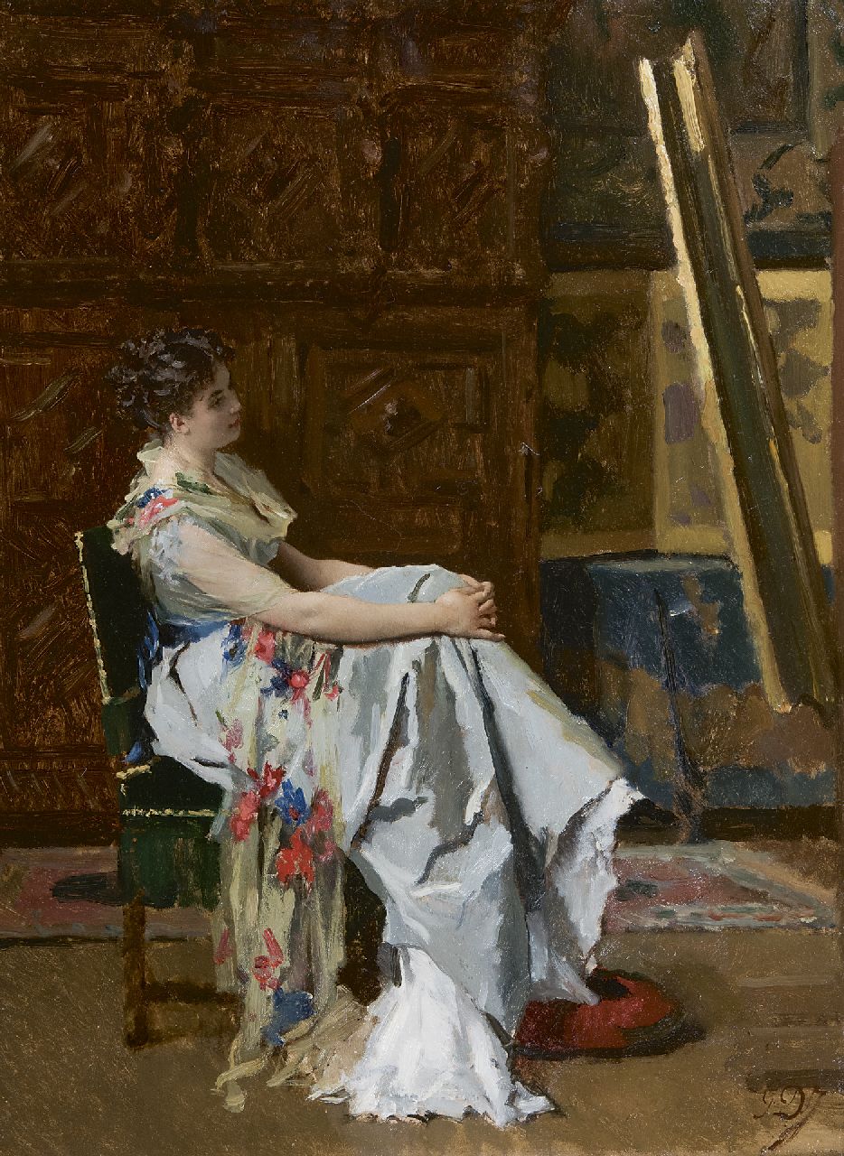 Jonghe G.L. De | 'Gustave' Léonard De Jonghe, In bewondering voor het schilderij, olieverf op paneel 49,9 x 36,9 cm, gesigneerd rechtsonder met initialen