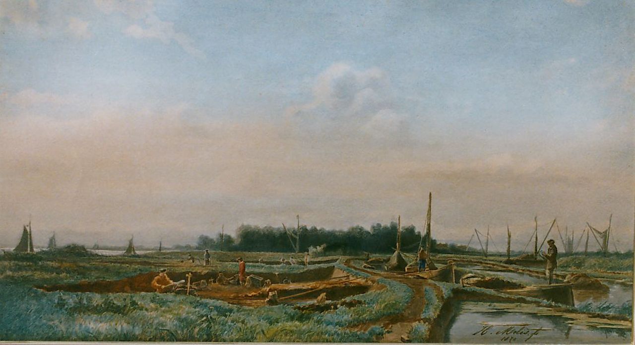 Mélis H.J.  | Henricus Joannes Mélis, Droogmaling der plassen in Schieland, aquarel op papier 26,0 x 46,0 cm, gesigneerd rechtsonder en gedateerd 1870