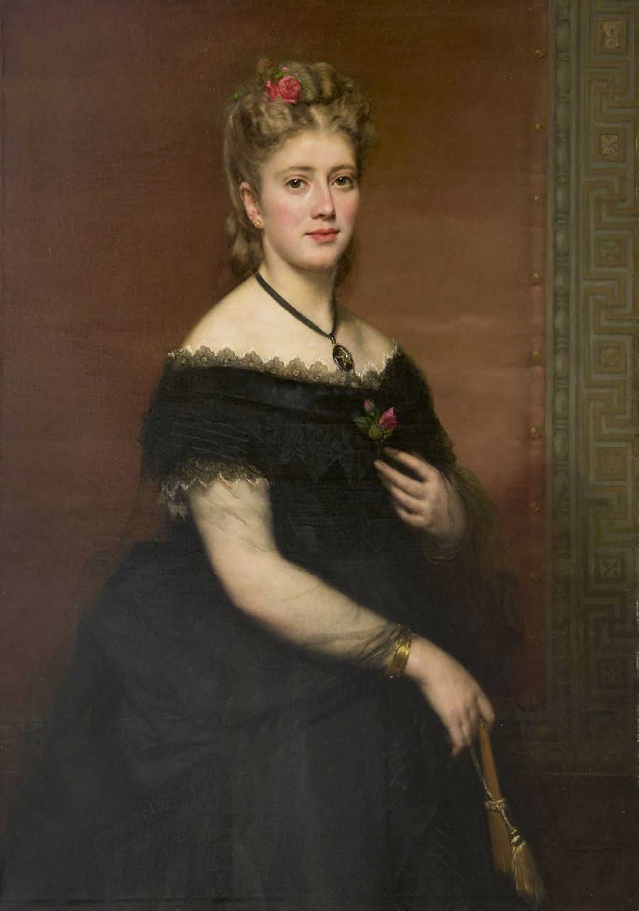 Karel Ooms | Portret van een vrouw in zwart zijden jurk, olieverf op doek, 104,3 x 75,6 cm, gesigneerd r.o. en gedateerd 1872