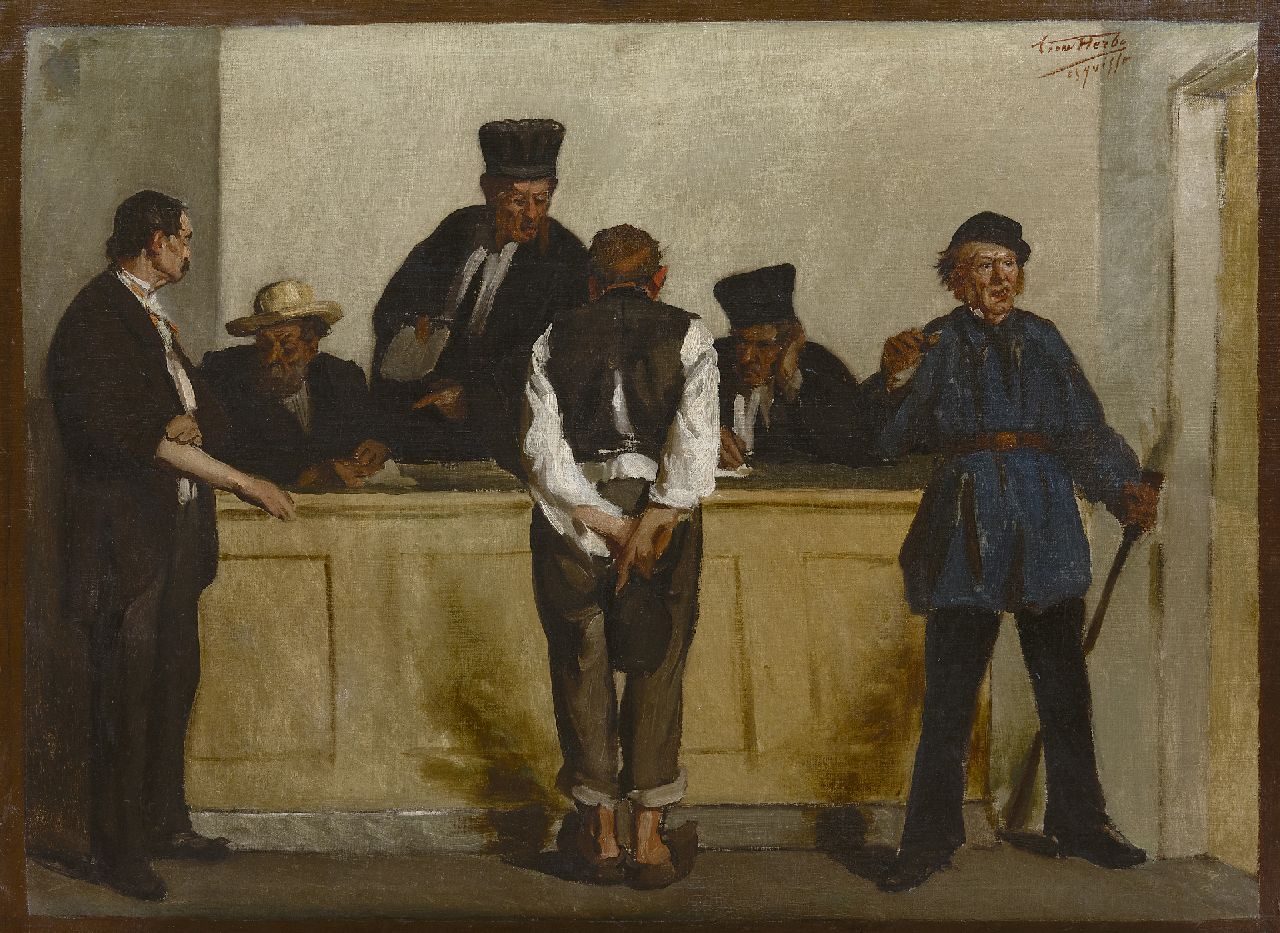 Léon Herbo | De rechtszaak, olieverf op doek, 56,3 x 76,1 cm, gesigneerd r.b.