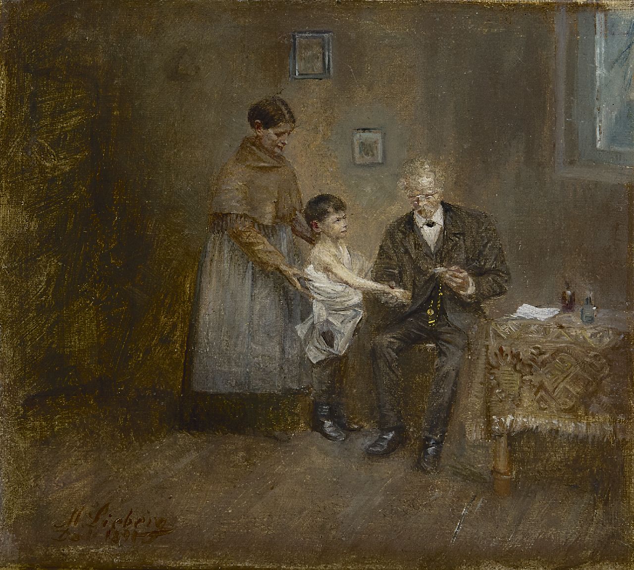 Lieberg M.  | Max Lieberg, Bij de dokter, olieverf op doek 13,5 x 15,0 cm, gesigneerd linksonder en 'Düs' 1891