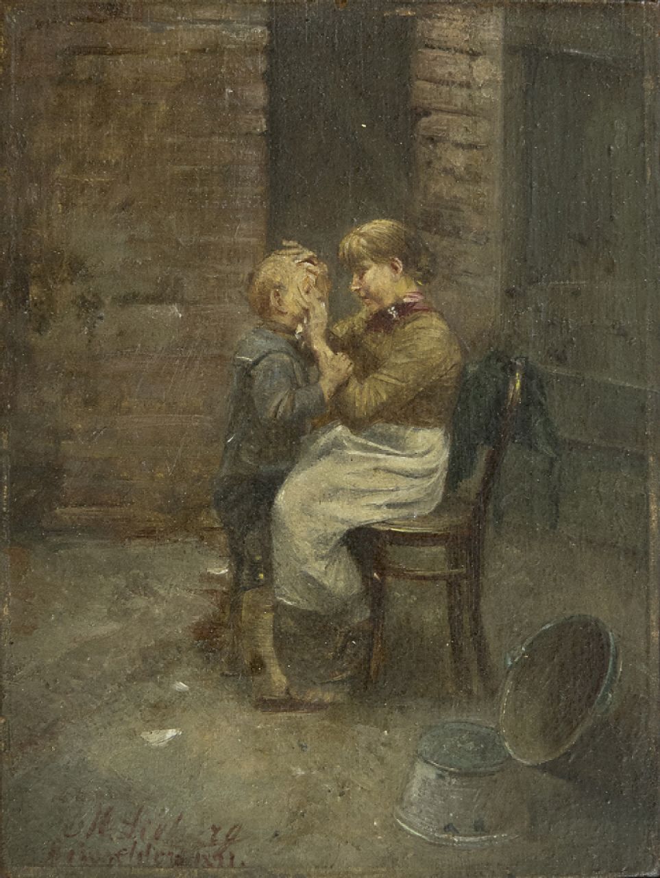 Lieberg M.  | Max Lieberg, Moeders goede zorg, olieverf op paneel 12,0 x 9,0 cm, gesigneerd linksonder en 'Düsseldorf' 1891
