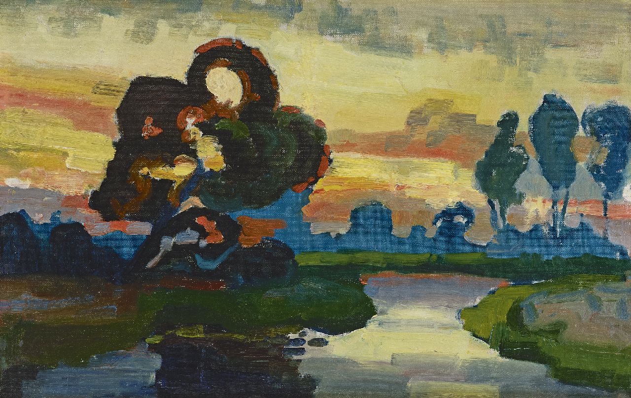 Lanooy C.J.  | Christiaan Johannes 'Chris' Lanooy, Rivierlandschap bij ondergaande zon, olieverf op doek op paneel 31,4 x 49,3 cm