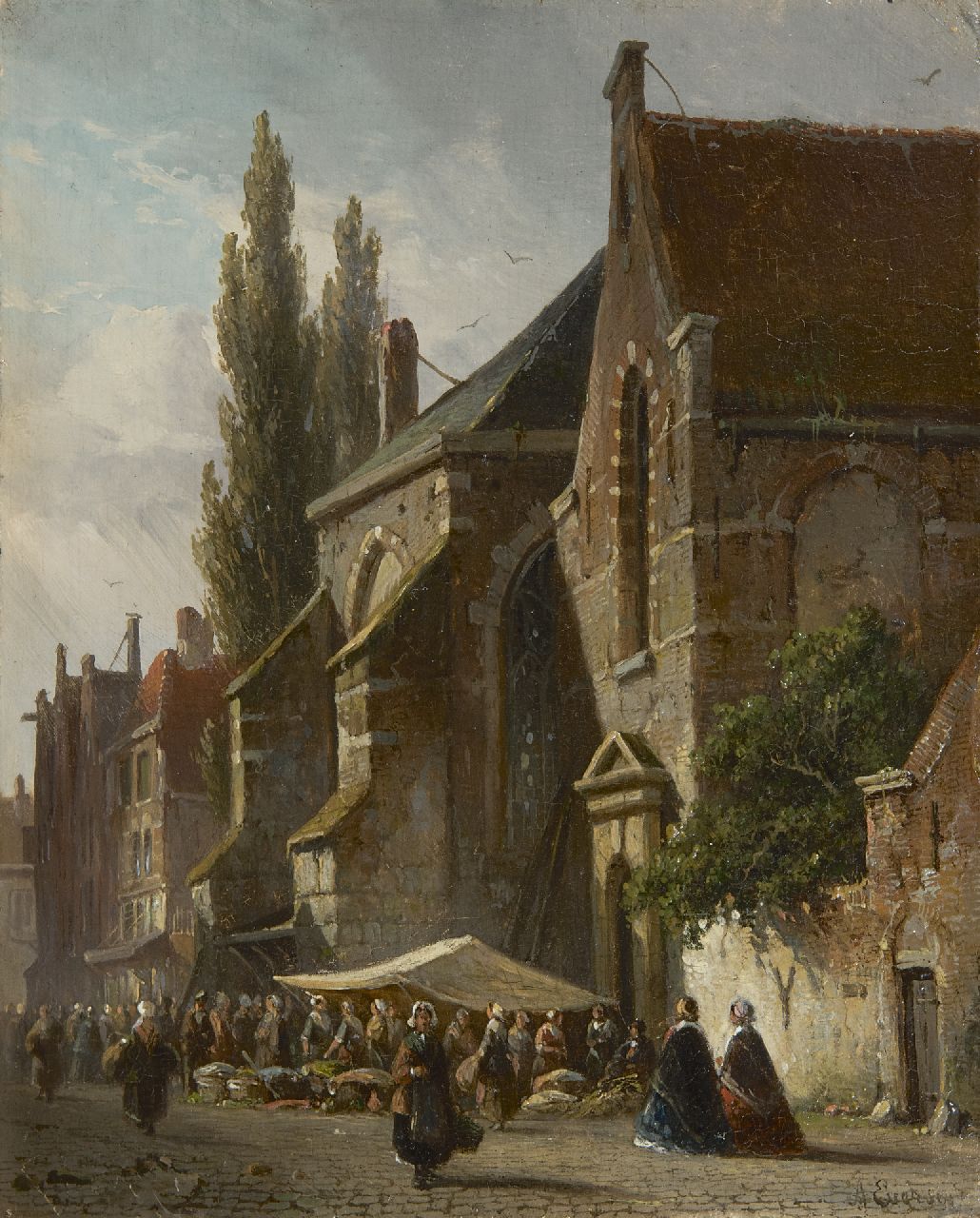 Eversen A.  | Adrianus Eversen | Schilderijen te koop aangeboden | Marktdag bij de kerk, olieverf op paneel 19,0 x 15,3 cm, gesigneerd rechtsonder